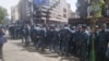 Armenian police stand outside the Opera House on Yerevan's central Freedom Square on May 15. 