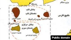 موقعیت سه جزیره ایرانی در دهانه تنگه هرمز در خلیج فارس.