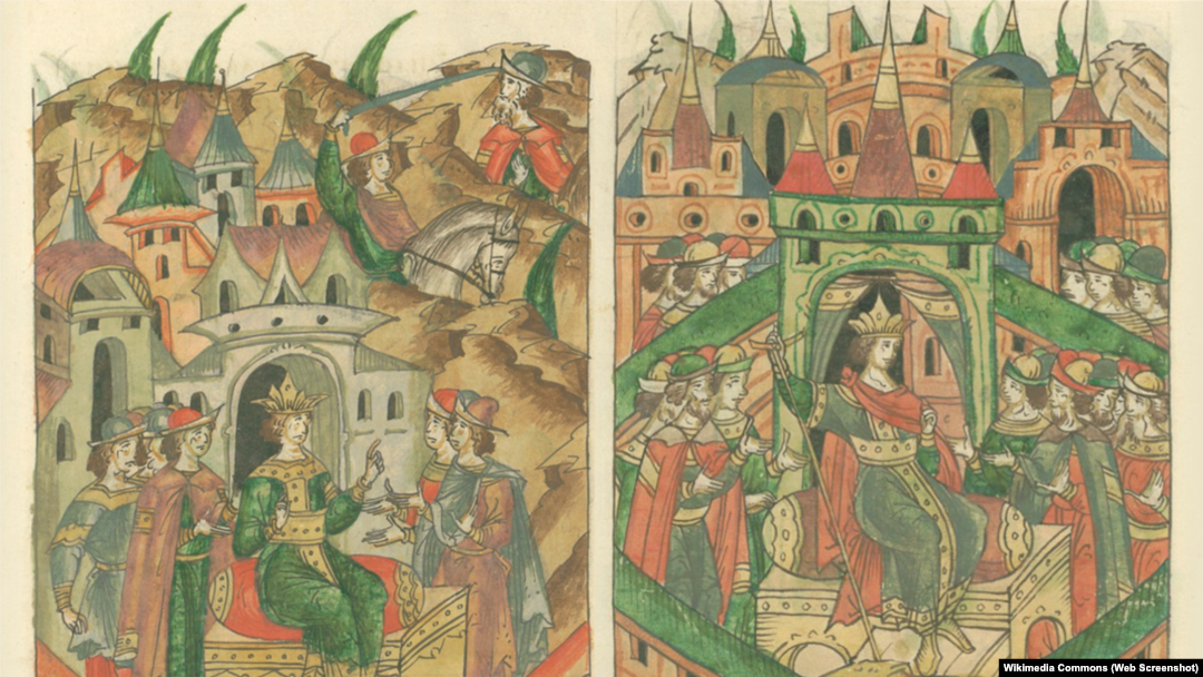 Джелал ад-Дін (ліворуч) та Керім-Берді (праворуч). Мініатюри Лицьового літописного склепіння, XVI ст.