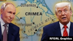 Президент Росії Володимир Путін та президент США Дональд Трамп на тлі мапи анексованого Криму. Колаж