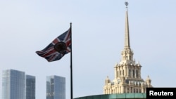 The British flag flies above the embassy in Moscow. 